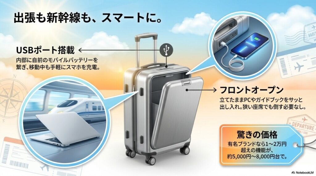 ② 機能性・利便性:フロントオープンやUSBポートが新幹線・出張で大活躍