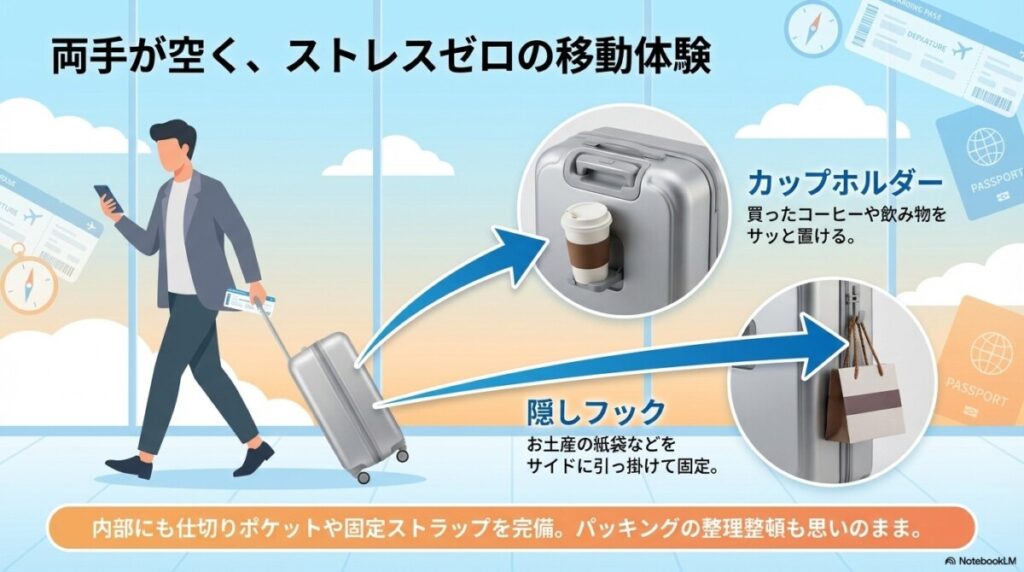 ③ 収納力・パッキング:隠しフックとカップホルダーで両手が空く