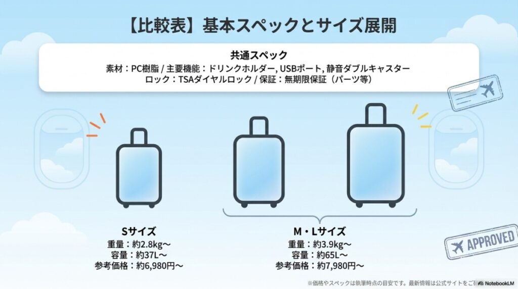【比較表】VELSKYF スーツケースの基本スペックとサイズ展開