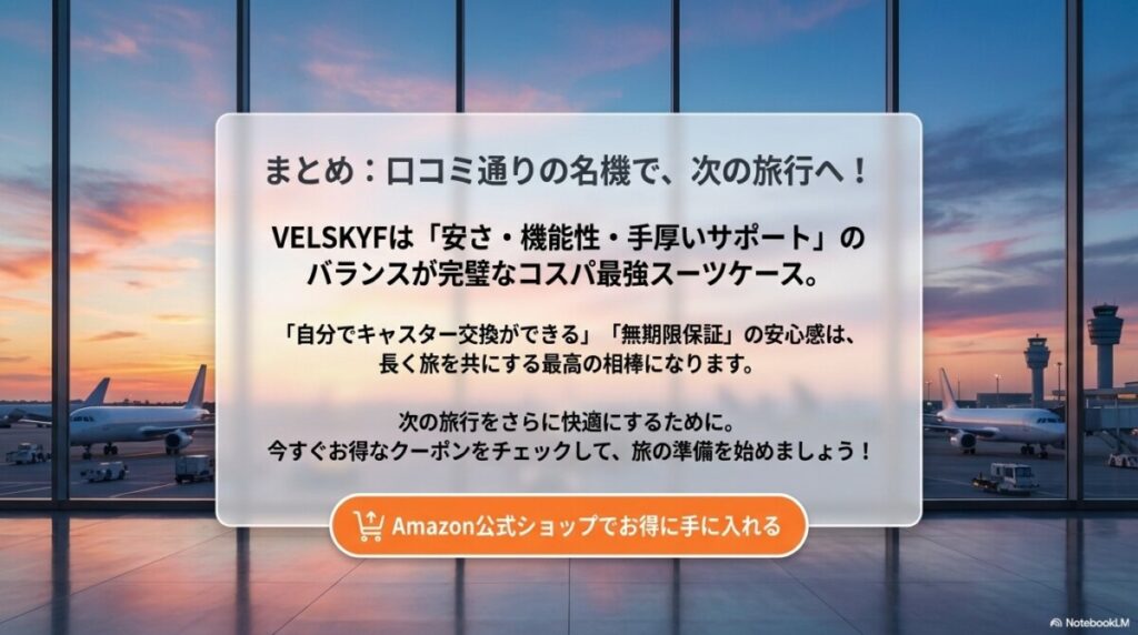 まとめ:VELSKYF スーツケースは口コミ通りの名機!