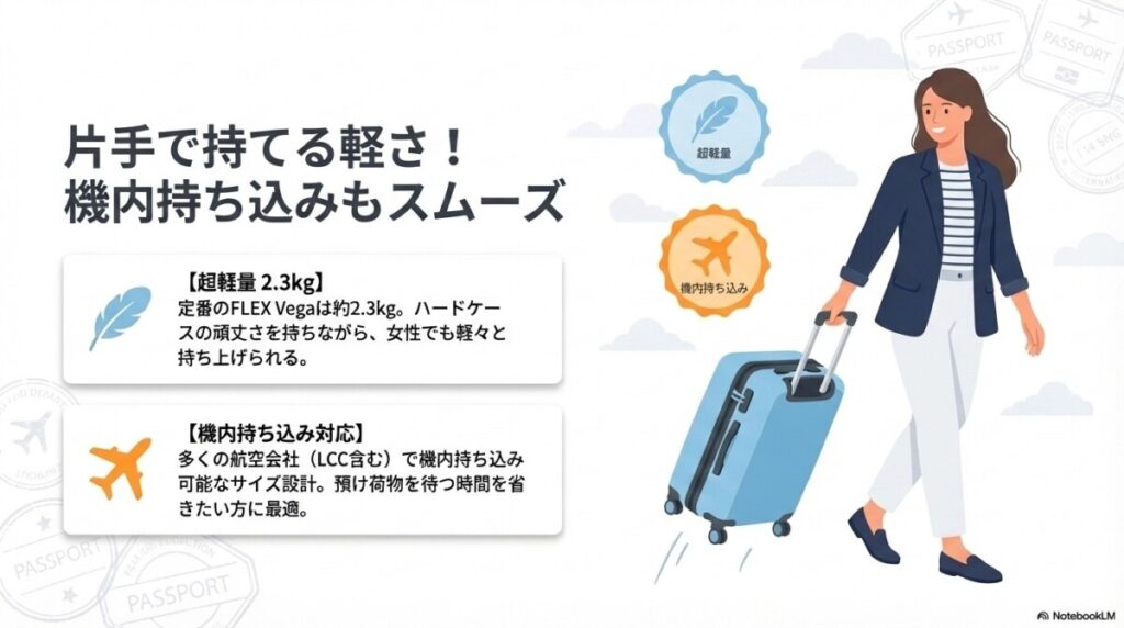 ポリカーボネート製による軽量さと機内持ち込みの利便性