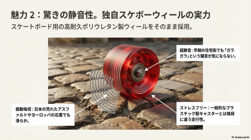 2. 驚きの静音性と滑らかさ!独自ウィール(タイヤ)の実力