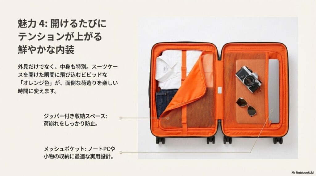 4. 開けるたびにテンションが上がる!鮮やかなオレンジの内装