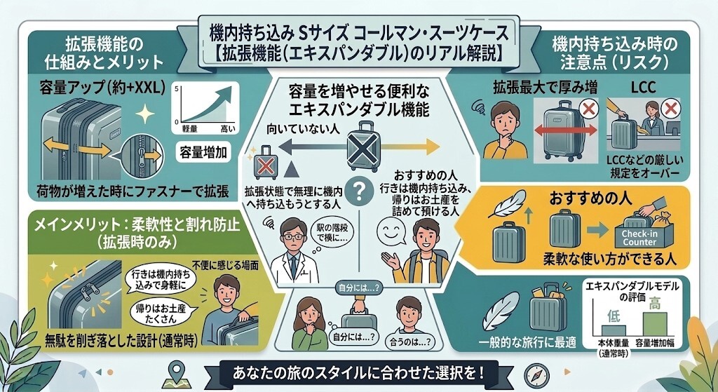 注意点4:お土産を詰め込みすぎると拡張機能(エキスパンダブル)でサイズオーバーにをわかりやすく図解