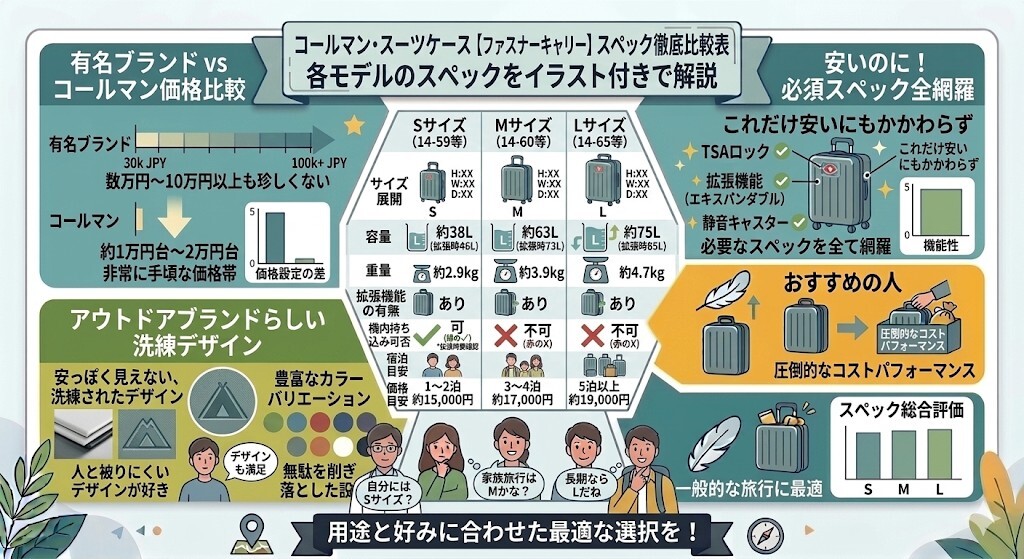 【全モデル比較】コールマン スーツケースのおすすめサイズ感と種類をわかりやすく図解