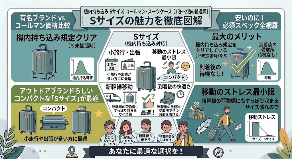 機内持ち込み対応!身軽な旅行なら「Sサイズ(約38L〜)」をわかりやすく図解