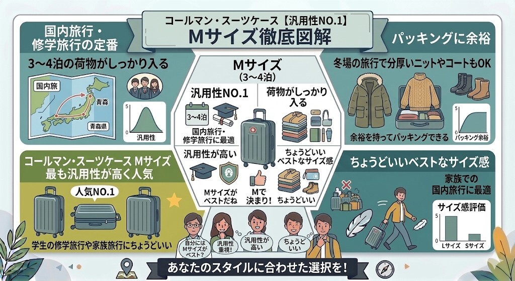 3〜4泊の修学旅行・国内旅行に!バランス最強の「Mサイズ(約63L〜)」をわかりやすく図解