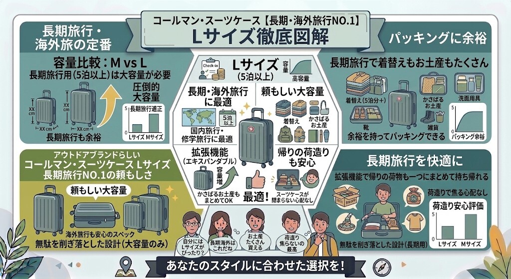海外旅行や長期滞在も安心!大容量の「Lサイズ(約75L〜)」をわかりやすく図解