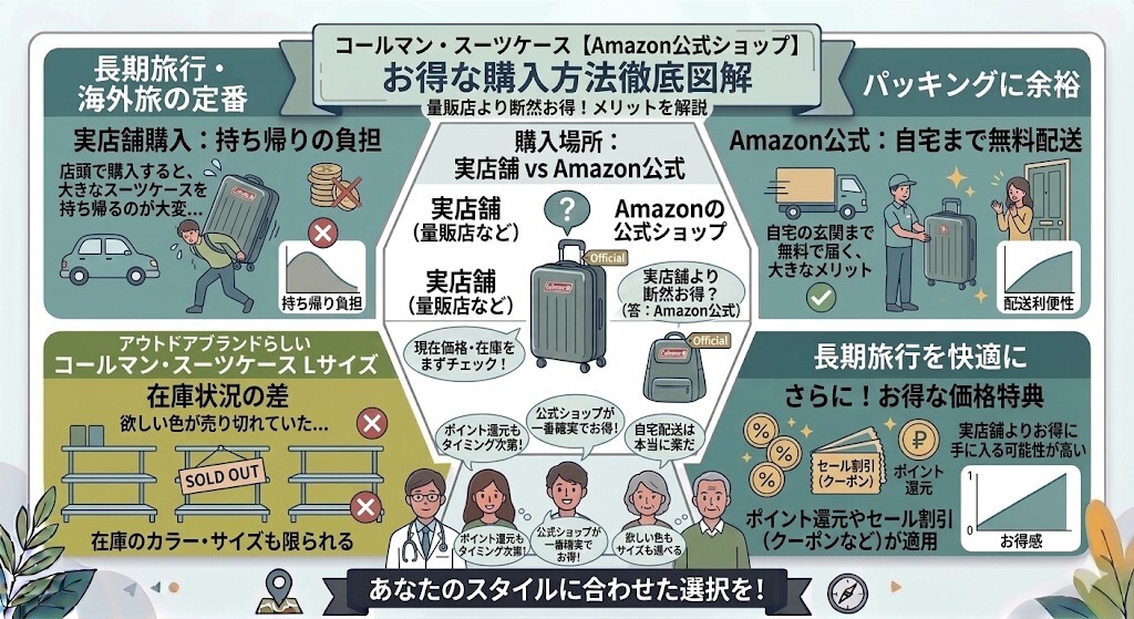 コールマン スーツケースを一番お得に買う方法(Amazon公式ショップ)をわかりやすく図解