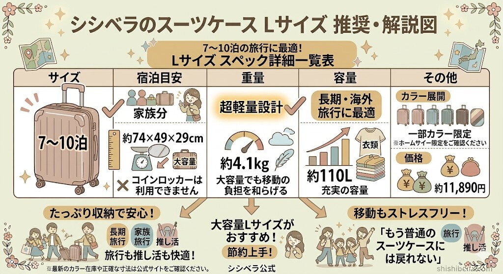 Lサイズ:7泊以上の長期滞在や家族旅行向けをわかりやすく図解