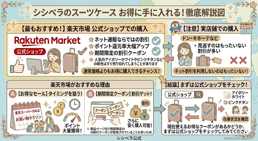 【必見】シシベラスーツケースをお得に買う方法(クーポン・割引情報)をわかりやすく図解