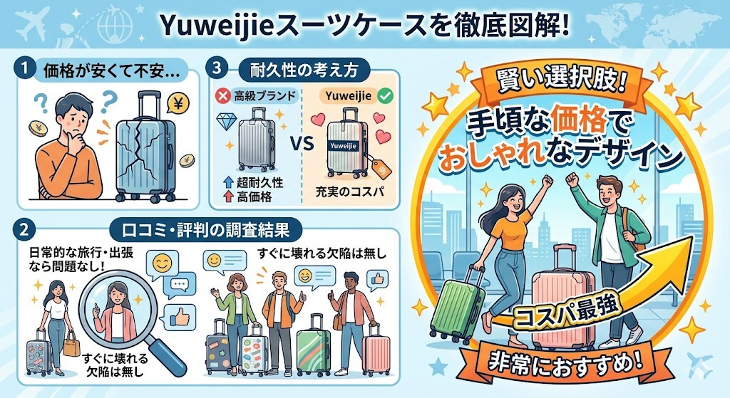 【結論】yuweijieスーツケースの口コミと「すぐ壊れる?」の真相をわかりやすく図解