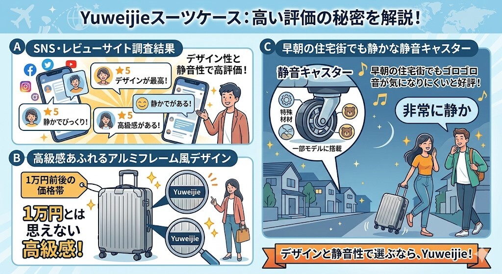 良い口コミ:高見えするデザインと静音キャスターが高評価をわかりやすく図解