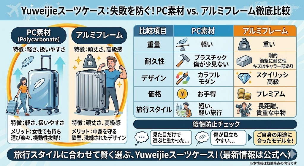 yuweijieスーツケースの失敗しない選び方!PC素材とアルミフレームの違いをわかりやすく図解