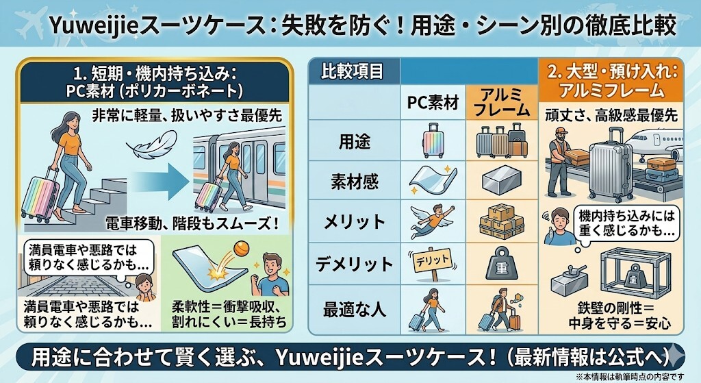機内持ち込みから大型まで!用途で選ぶサイズと素材の正解をわかりやすく図解