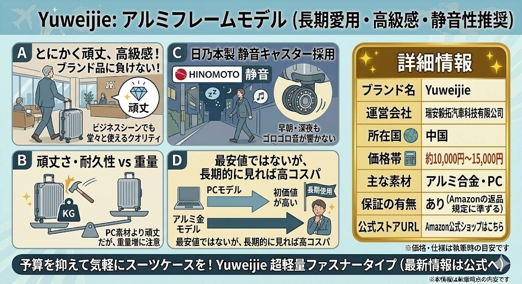 3. 高級感・高耐久!アルミフレーム&HINOMOTOキャスター搭載モデルをわかりやすく図解