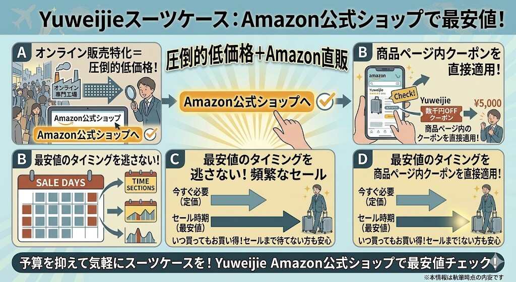 yuweijieスーツケースを最安値で買う方法(Amazonの割引・クーポン情報)をわかりやすく図解