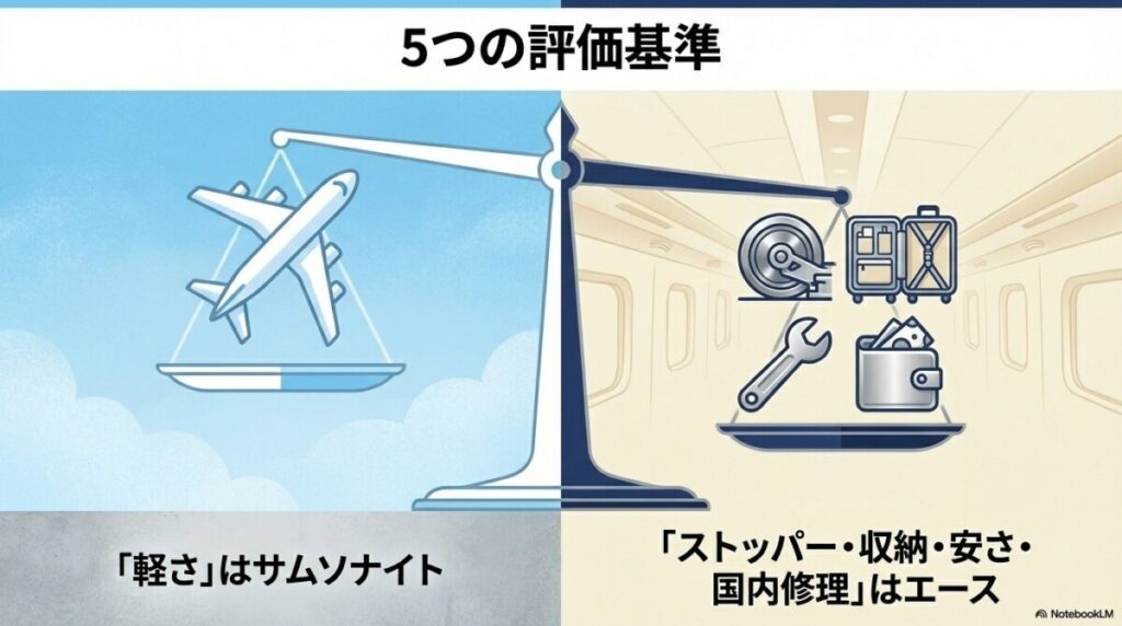 サムソナイトとエースの違いを徹底比較!5つの評価基準