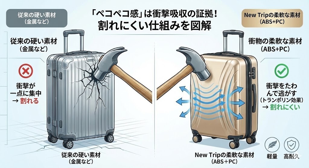 ボディの「ペコペコ感」は衝撃を逃がすための仕様 図解