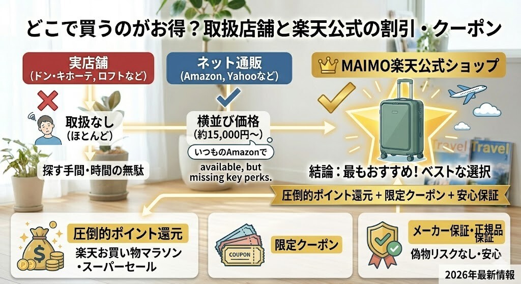 どこで買うのがお得?取扱店舗と楽天公式の割引・クーポン 図解