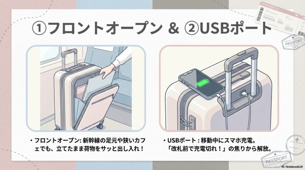 フロントオープンとUSBポートで新幹線・カフェ移動が快適に