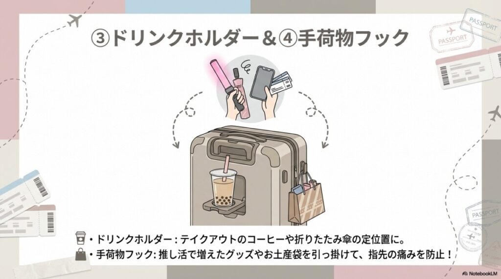 ドリンクホルダー&手荷物フックが国内旅行や推し活で大活躍