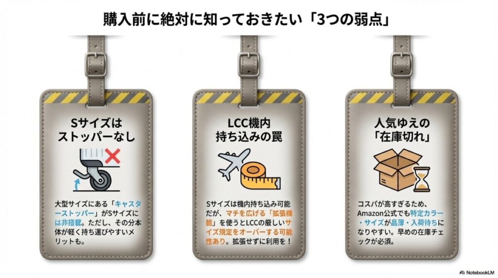 2-5. 【弱点】サイズによるストッパー有無とLCC機内持ち込みの注意点
