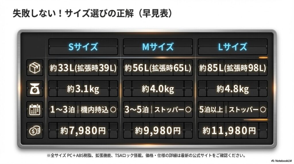 3. 【比較表あり】スカイラボ スーツケースのサイズ展開と選び方の正解