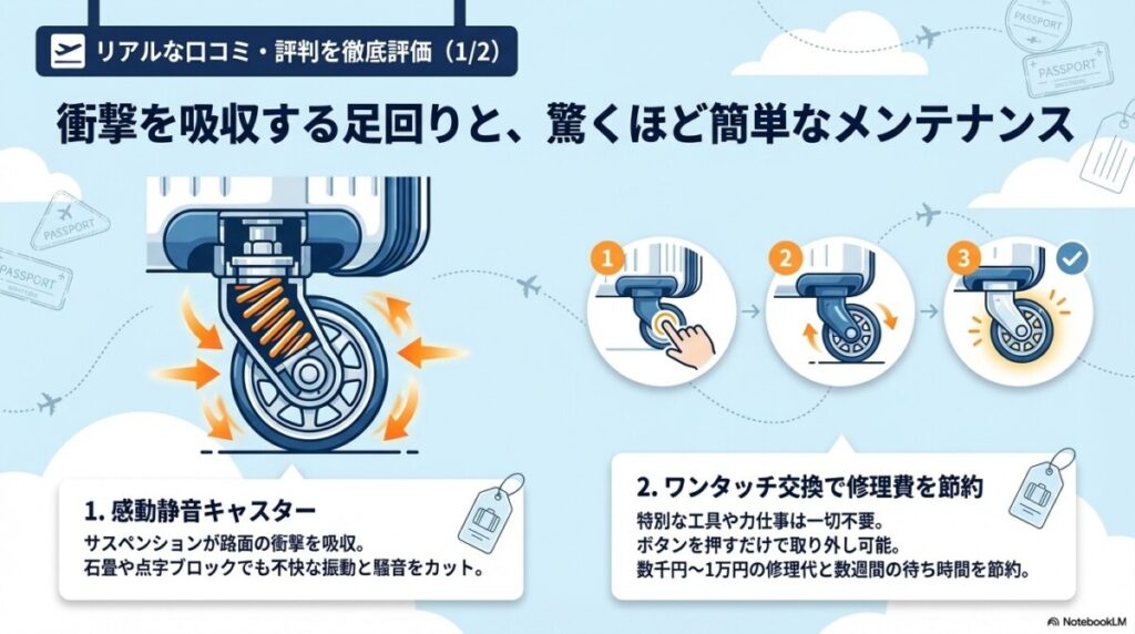 1. 感動静音キャスターの走行性とスムーズさ