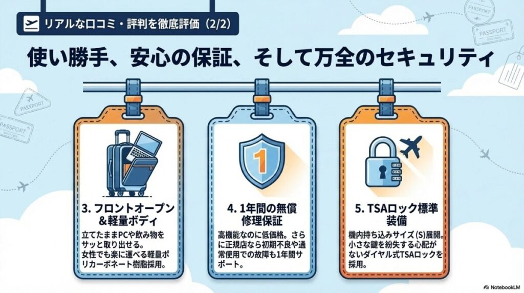 3. フロントオープンの収納力と軽量ポリカーボネートボディ