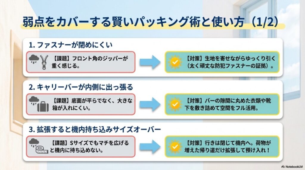 デメリット1:フロント部分のファスナー(ジッパー)が少し閉めにくい