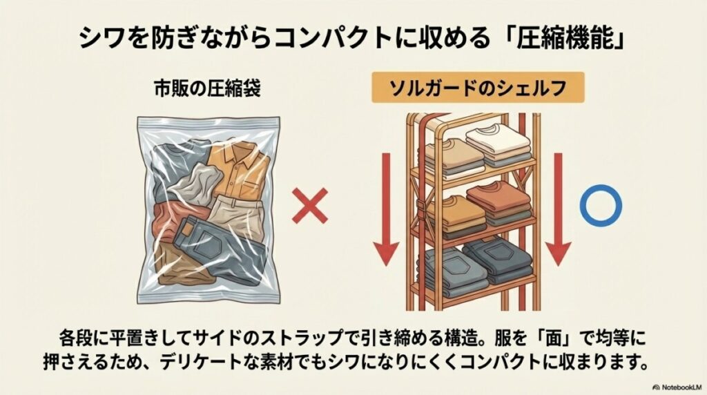 圧縮機能で衣類がコンパクトに!シワにもなりにくい